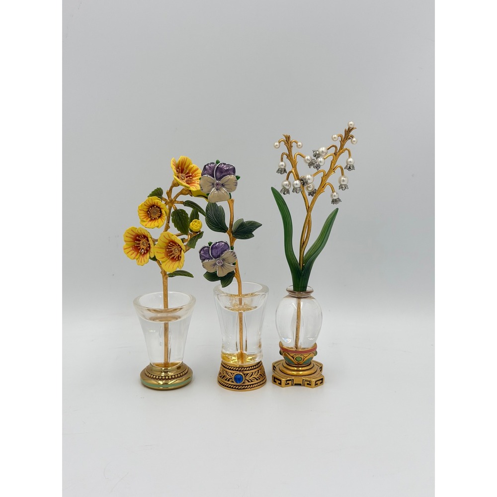 Joan Rivers Imperial Flowers Miniature Glass Vases Enamel Floral Set of 3 Gold